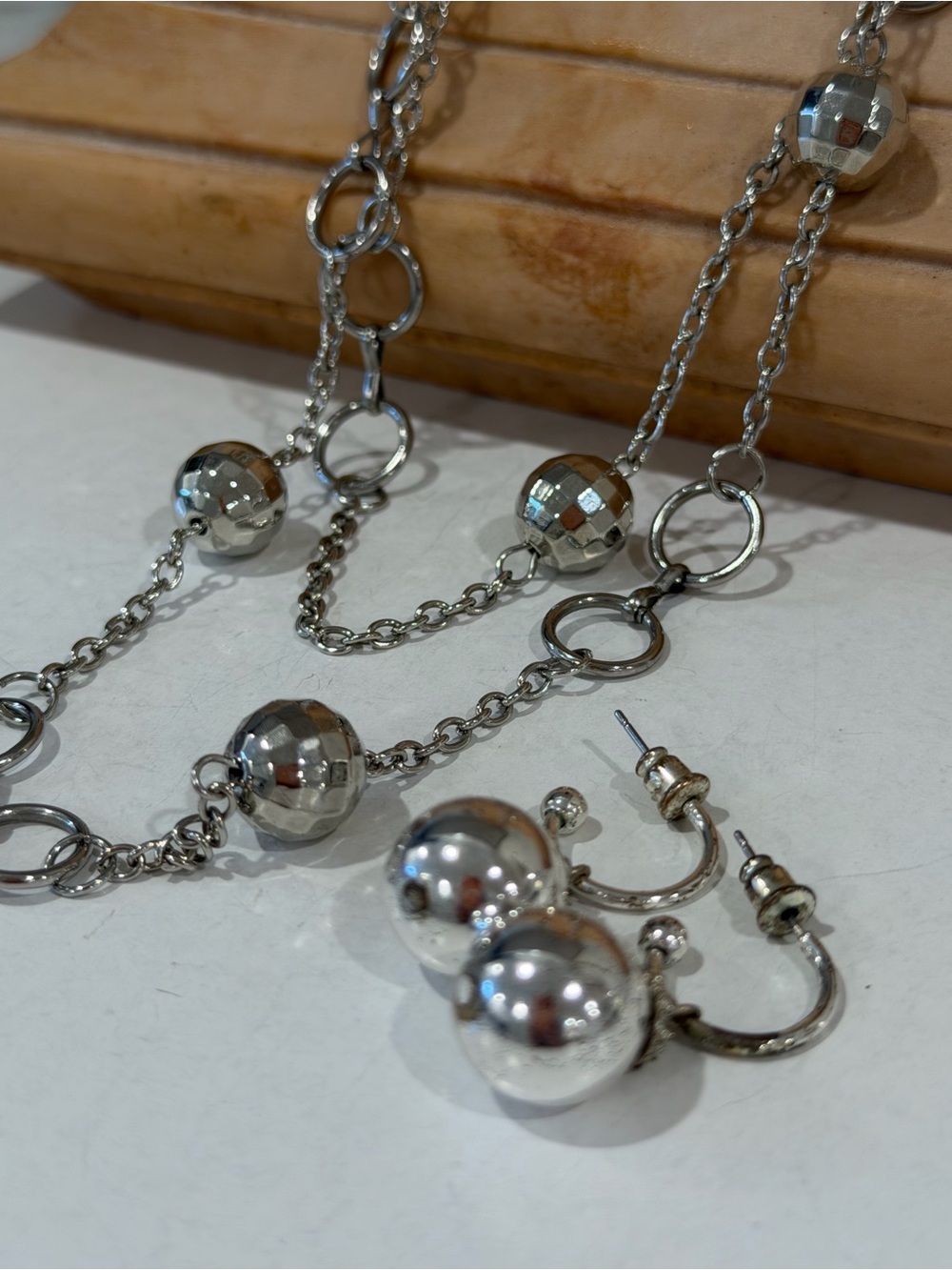 Sterling Silver-Tone Ball Chain Necklace and Hoop Earrings Set